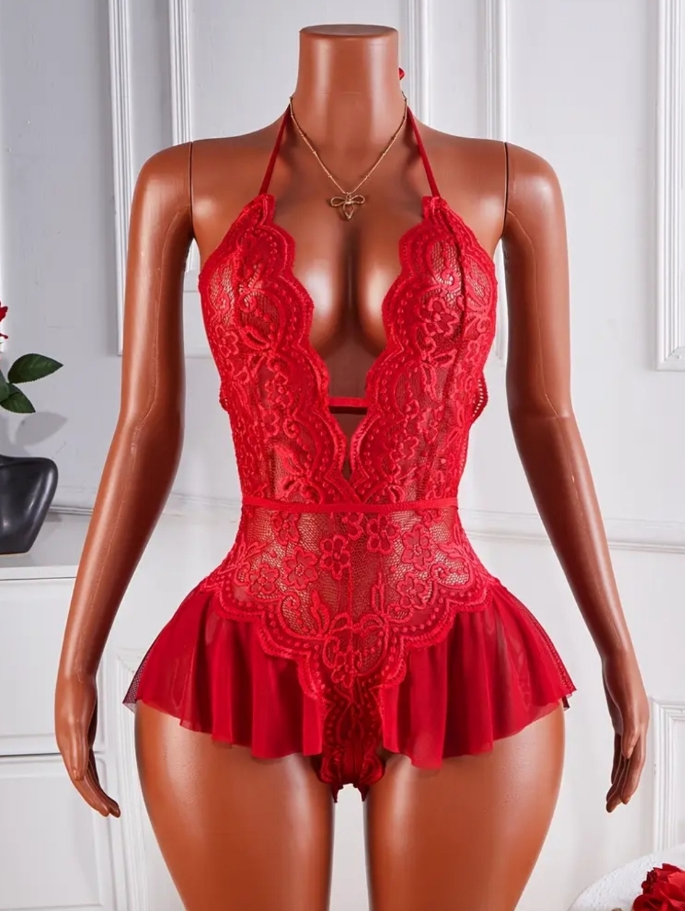 Red Lace Halter Teddy